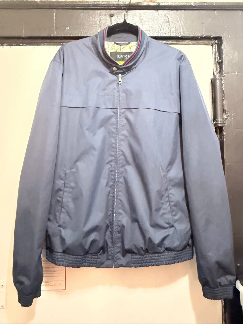 Gucci Men's Blue Bomber Jacket with Stripe Collar